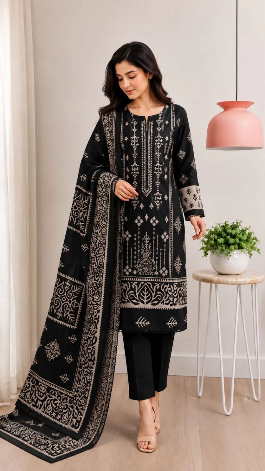 Stitched lawn embroidered 3pcs suit  