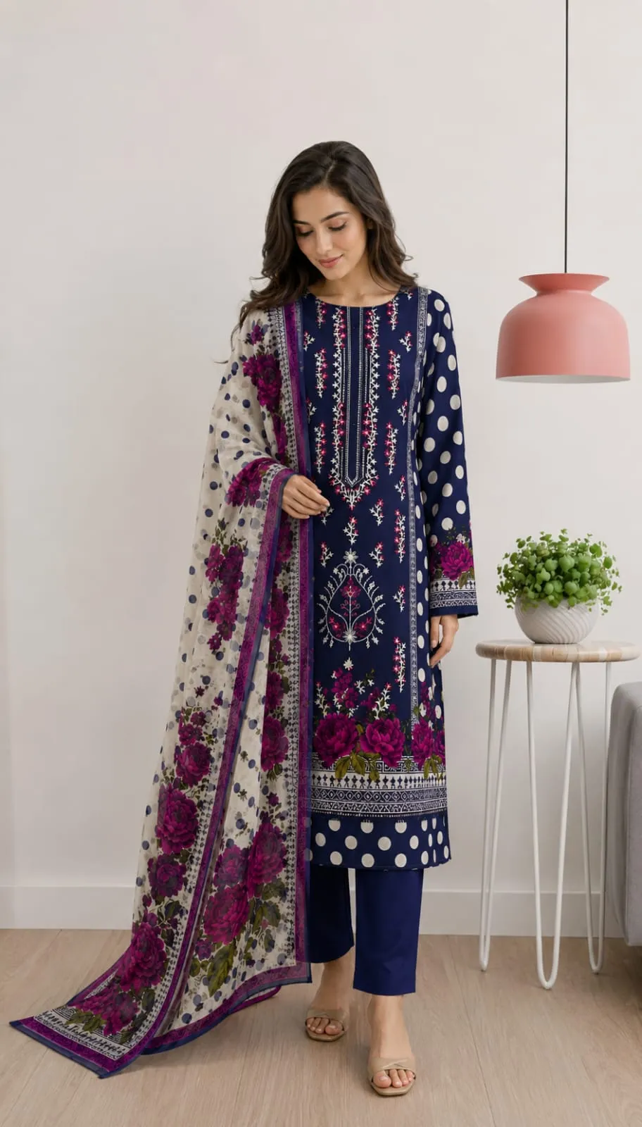 Stitched lawn embroidered 3pcs suit  