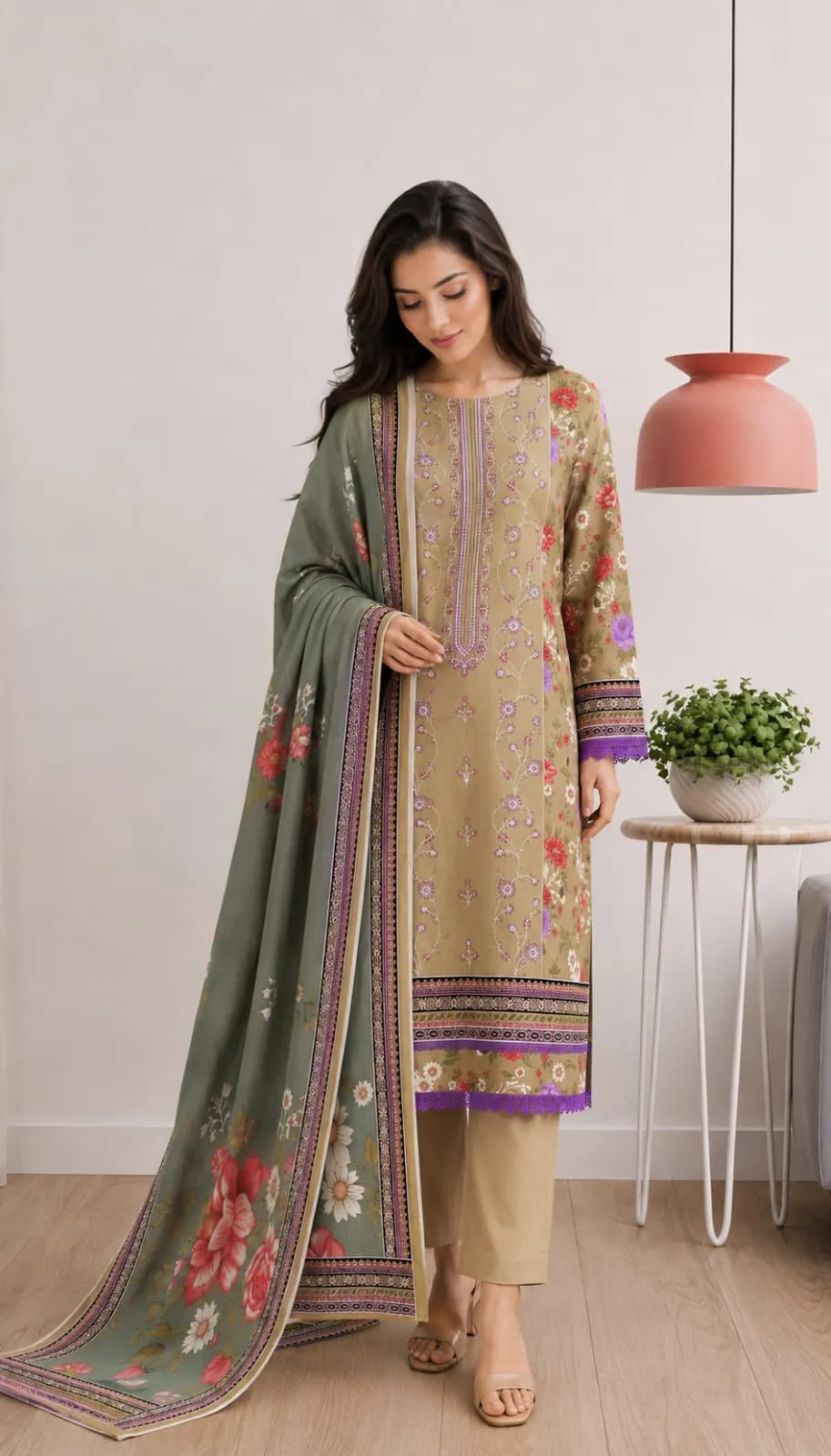 Stitched lawn embroidered 3pcs suit  